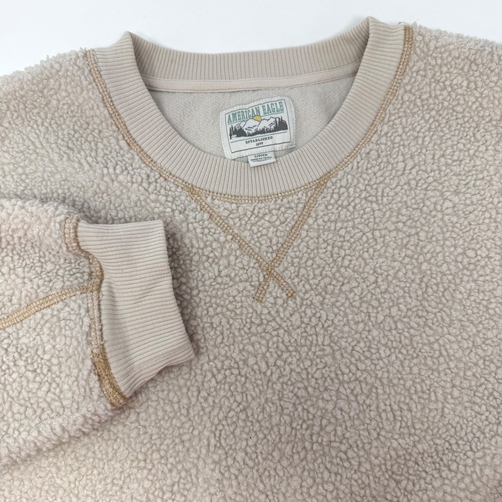 American Eagle Sherpa Fleece Crewneck Sweatshirt Cream Beige Small Long Sleeve